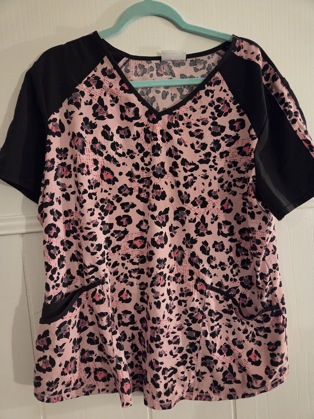 Scrubstar Pink and Black Leopard Print V-Neck Scrub Top
